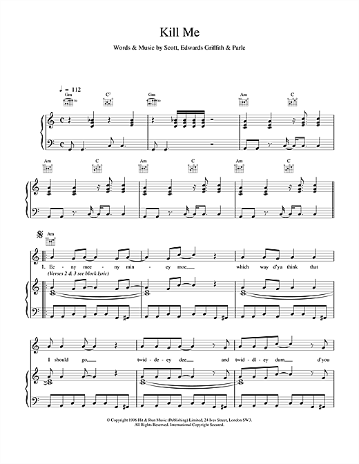 Preview Space Kill Me Rock sheet music, notes and chords for Piano, Vocal & Guitar (Right-Hand Melody), SKU: 17169 sheet music, piano notes, chords, guitar tabs, score, transpose, transcribe, how to play, guide, download, learn, tutorial, progression, song, artist, awards, billboard, mtv, vh1, tour, single, album, release