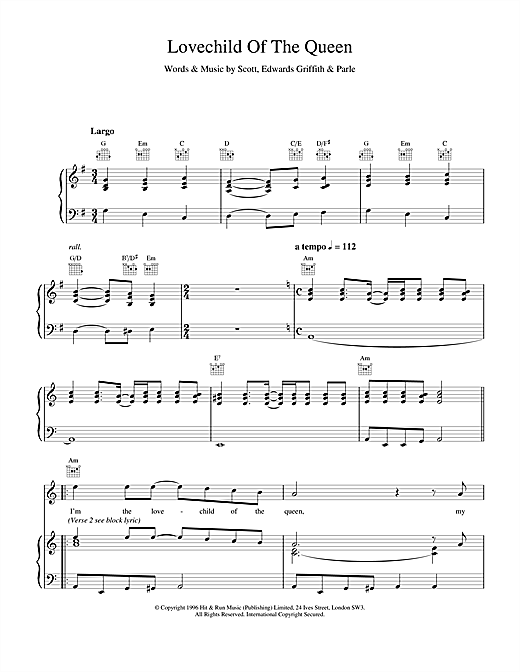 Preview Space Lovechild Of The Queen Rock sheet music, notes and chords for Piano, Vocal & Guitar (Right-Hand Melody), SKU: 17170 sheet music, piano notes, chords, guitar tabs, score, transpose, transcribe, how to play, guide, download, learn, tutorial, progression, song, artist, awards, billboard, mtv, vh1, tour, single, album, release