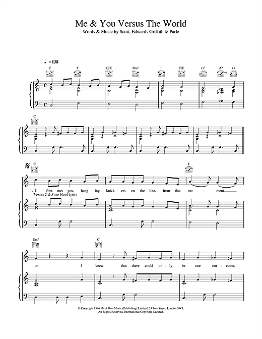 Preview Space Me & You Versus The World Rock sheet music, notes and chords for Piano, Vocal & Guitar (Right-Hand Melody), SKU: 17172 sheet music, piano notes, chords, guitar tabs, score, transpose, transcribe, how to play, guide, download, learn, tutorial, progression, song, artist, awards, billboard, mtv, vh1, tour, single, album, release