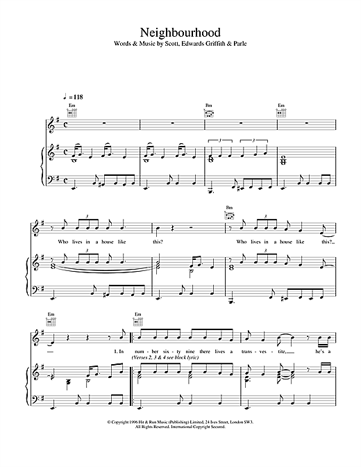 Preview Space Neighbourhood Rock sheet music, notes and chords for Piano, Vocal & Guitar (Right-Hand Melody), SKU: 17174 sheet music, piano notes, chords, guitar tabs, score, transpose, transcribe, how to play, guide, download, learn, tutorial, progression, song, artist, awards, billboard, mtv, vh1, tour, single, album, release