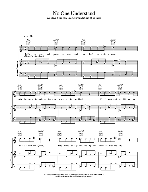 Preview Space No One Understand Rock sheet music, notes and chords for Piano, Vocal & Guitar (Right-Hand Melody), SKU: 17175 sheet music, piano notes, chords, guitar tabs, score, transpose, transcribe, how to play, guide, download, learn, tutorial, progression, song, artist, awards, billboard, mtv, vh1, tour, single, album, release