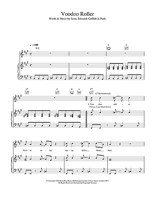 Preview Space Voodoo Roller Rock sheet music, notes and chords for Piano, Vocal & Guitar (Right-Hand Melody), SKU: 17176 sheet music, piano notes, chords, guitar tabs, score, transpose, transcribe, how to play, guide, download, learn, tutorial, progression, song, artist, awards, billboard, mtv, vh1, tour, single, album, release