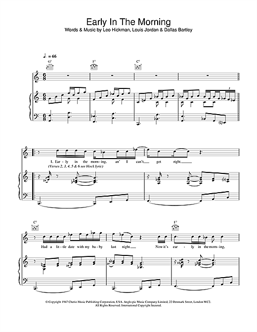 Preview Van Morrison Early In The Morning Pop sheet music, notes and chords for Piano, Vocal & Guitar, SKU: 17180 sheet music, piano notes, chords, guitar tabs, score, transpose, transcribe, how to play, guide, download, learn, tutorial, progression, song, artist, awards, billboard, mtv, vh1, tour, single, album, release