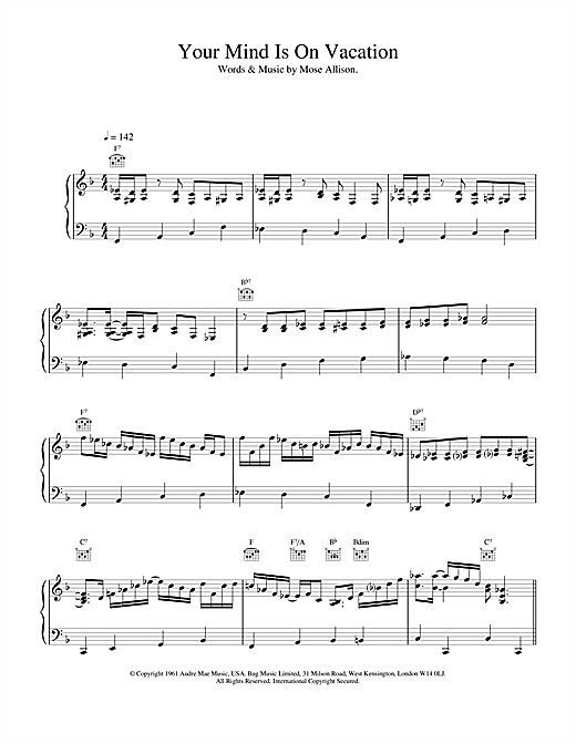 Preview Van Morrison Your Mind Is On Vacation Pop sheet music, notes and chords for Piano, Vocal & Guitar, SKU: 17188 sheet music, piano notes, chords, guitar tabs, score, transpose, transcribe, how to play, guide, download, learn, tutorial, progression, song, artist, awards, billboard, mtv, vh1, tour, single, album, release