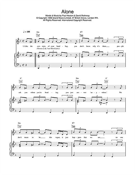 Preview The Beautiful South Alone Rock sheet music, notes and chords for Piano, Vocal & Guitar (Right-Hand Melody), SKU: 17189 sheet music, piano notes, chords, guitar tabs, score, transpose, transcribe, how to play, guide, download, learn, tutorial, progression, song, artist, awards, billboard, mtv, vh1, tour, single, album, release