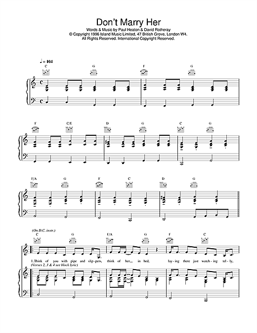 Preview The Beautiful South Don't Marry Her Rock sheet music, notes and chords for Piano, Vocal & Guitar (Right-Hand Melody), SKU: 17192 sheet music, piano notes, chords, guitar tabs, score, transpose, transcribe, how to play, guide, download, learn, tutorial, progression, song, artist, awards, billboard, mtv, vh1, tour, single, album, release