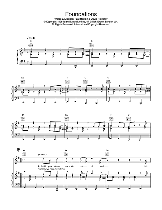 Preview The Beautiful South Foundations Rock sheet music, notes and chords for Piano, Vocal & Guitar (Right-Hand Melody), SKU: 17193 sheet music, piano notes, chords, guitar tabs, score, transpose, transcribe, how to play, guide, download, learn, tutorial, progression, song, artist, awards, billboard, mtv, vh1, tour, single, album, release