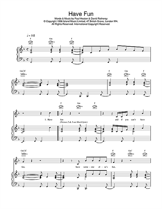 Preview The Beautiful South Have Fun Rock sheet music, notes and chords for Piano, Vocal & Guitar (Right-Hand Melody), SKU: 17194 sheet music, piano notes, chords, guitar tabs, score, transpose, transcribe, how to play, guide, download, learn, tutorial, progression, song, artist, awards, billboard, mtv, vh1, tour, single, album, release