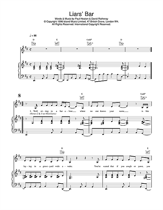 Preview The Beautiful South Liar's Bar Rock sheet music, notes and chords for Piano, Vocal & Guitar (Right-Hand Melody), SKU: 17195 sheet music, piano notes, chords, guitar tabs, score, transpose, transcribe, how to play, guide, download, learn, tutorial, progression, song, artist, awards, billboard, mtv, vh1, tour, single, album, release