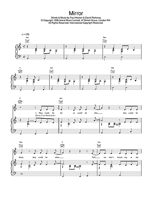 Preview The Beautiful South Mirror Rock sheet music, notes and chords for Piano, Vocal & Guitar (Right-Hand Melody), SKU: 17196 sheet music, piano notes, chords, guitar tabs, score, transpose, transcribe, how to play, guide, download, learn, tutorial, progression, song, artist, awards, billboard, mtv, vh1, tour, single, album, release