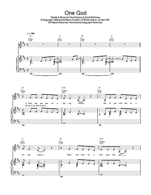 Preview The Beautiful South One God Rock sheet music, notes and chords for Piano, Vocal & Guitar (Right-Hand Melody), SKU: 17197 sheet music, piano notes, chords, guitar tabs, score, transpose, transcribe, how to play, guide, download, learn, tutorial, progression, song, artist, awards, billboard, mtv, vh1, tour, single, album, release