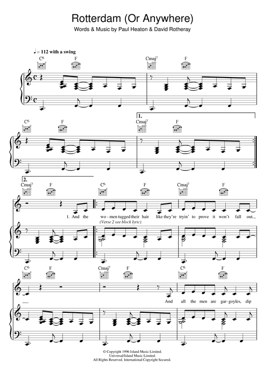 Preview The Beautiful South Rotterdam (Or Anywhere) Rock sheet music, notes and chords for Piano, Vocal & Guitar (Right-Hand Melody), SKU: 17198 sheet music, piano notes, chords, guitar tabs, score, transpose, transcribe, how to play, guide, download, learn, tutorial, progression, song, artist, awards, billboard, mtv, vh1, tour, single, album, release