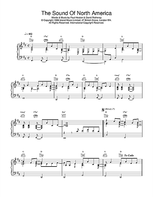 Preview The Beautiful South The Sound Of North America Rock sheet music, notes and chords for Piano, Vocal & Guitar (Right-Hand Melody), SKU: 17200 sheet music, piano notes, chords, guitar tabs, score, transpose, transcribe, how to play, guide, download, learn, tutorial, progression, song, artist, awards, billboard, mtv, vh1, tour, single, album, release