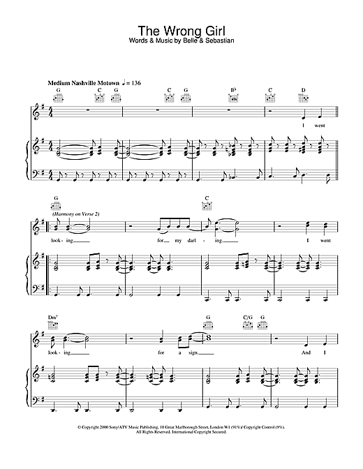 Preview Belle & Sebastian The Wrong Girl Pop sheet music, notes and chords for Piano, Vocal & Guitar, SKU: 17208 sheet music, piano notes, chords, guitar tabs, score, transpose, transcribe, how to play, guide, download, learn, tutorial, progression, song, artist, awards, billboard, mtv, vh1, tour, single, album, release