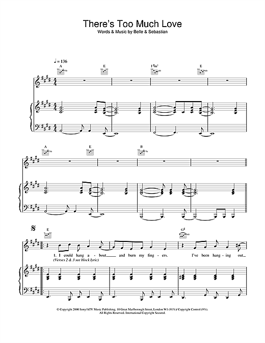 Preview Belle & Sebastian There's Too Much Love Pop sheet music, notes and chords for Piano, Vocal & Guitar, SKU: 17209 sheet music, piano notes, chords, guitar tabs, score, transpose, transcribe, how to play, guide, download, learn, tutorial, progression, song, artist, awards, billboard, mtv, vh1, tour, single, album, release