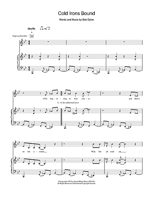 Preview Bob Dylan Cold Irons Bound Pop sheet music, notes and chords for Piano, Vocal & Guitar (Right-Hand Melody), SKU: 17214 sheet music, piano notes, chords, guitar tabs, score, transpose, transcribe, how to play, guide, download, learn, tutorial, progression, song, artist, awards, billboard, mtv, vh1, tour, single, album, release