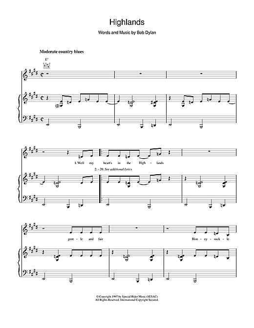 Preview Bob Dylan Highlands Pop sheet music, notes and chords for Piano, Vocal & Guitar (Right-Hand Melody), SKU: 17216 sheet music, piano notes, chords, guitar tabs, score, transpose, transcribe, how to play, guide, download, learn, tutorial, progression, song, artist, awards, billboard, mtv, vh1, tour, single, album, release