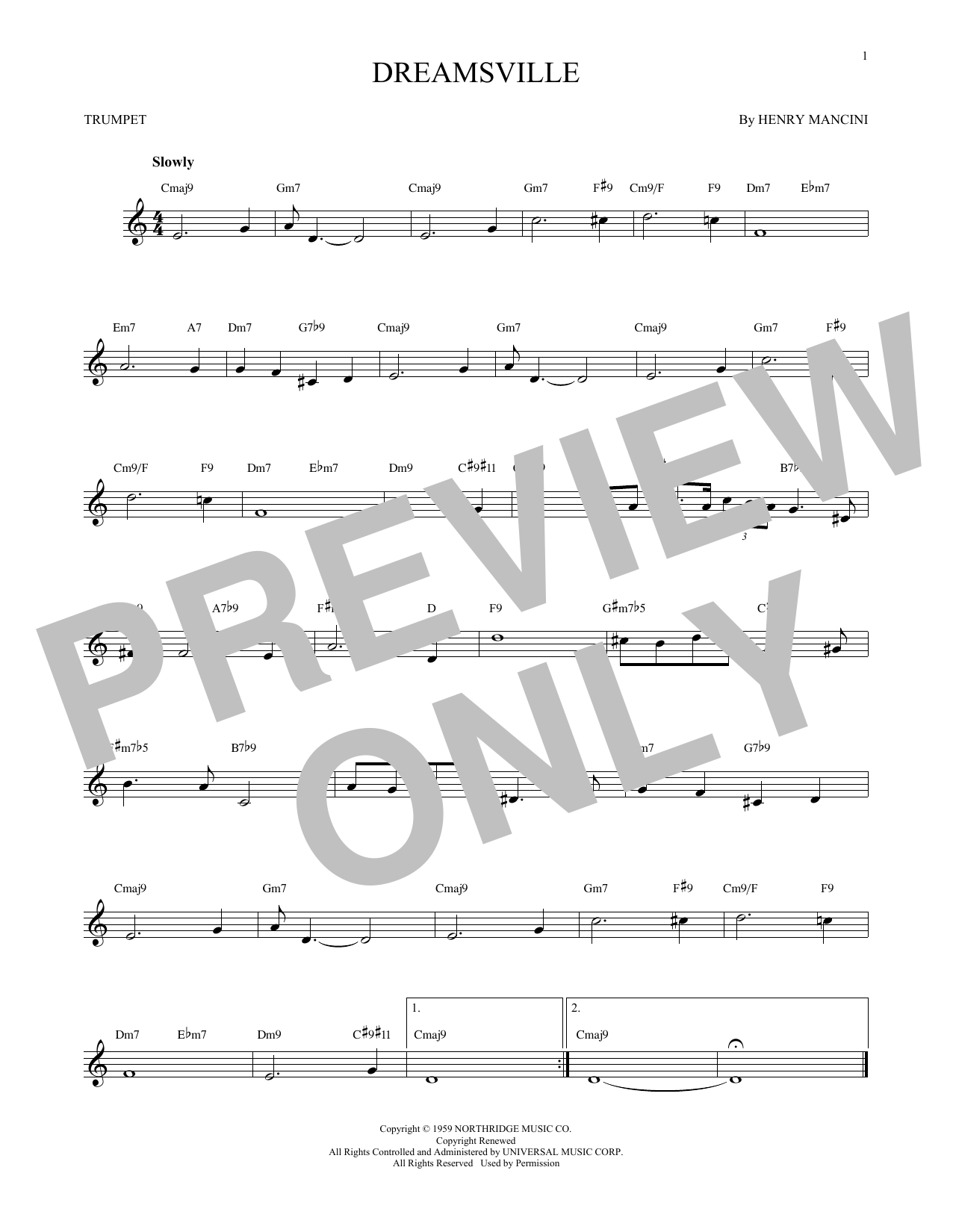 Preview Henry Mancini Dreamsville Jazz sheet music, notes and chords for Trumpet, SKU: 172195 sheet music, piano notes, chords, guitar tabs, score, transpose, transcribe, how to play, guide, download, learn, tutorial, progression, song, artist, awards, billboard, mtv, vh1, tour, single, album, release
