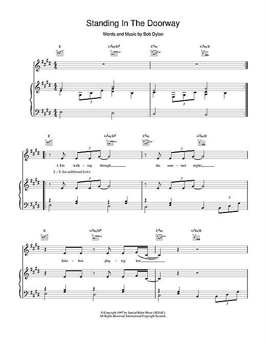Preview Bob Dylan Standing In The Doorway Pop sheet music, notes and chords for Piano, Vocal & Guitar (Right-Hand Melody), SKU: 17221 sheet music, piano notes, chords, guitar tabs, score, transpose, transcribe, how to play, guide, download, learn, tutorial, progression, song, artist, awards, billboard, mtv, vh1, tour, single, album, release
