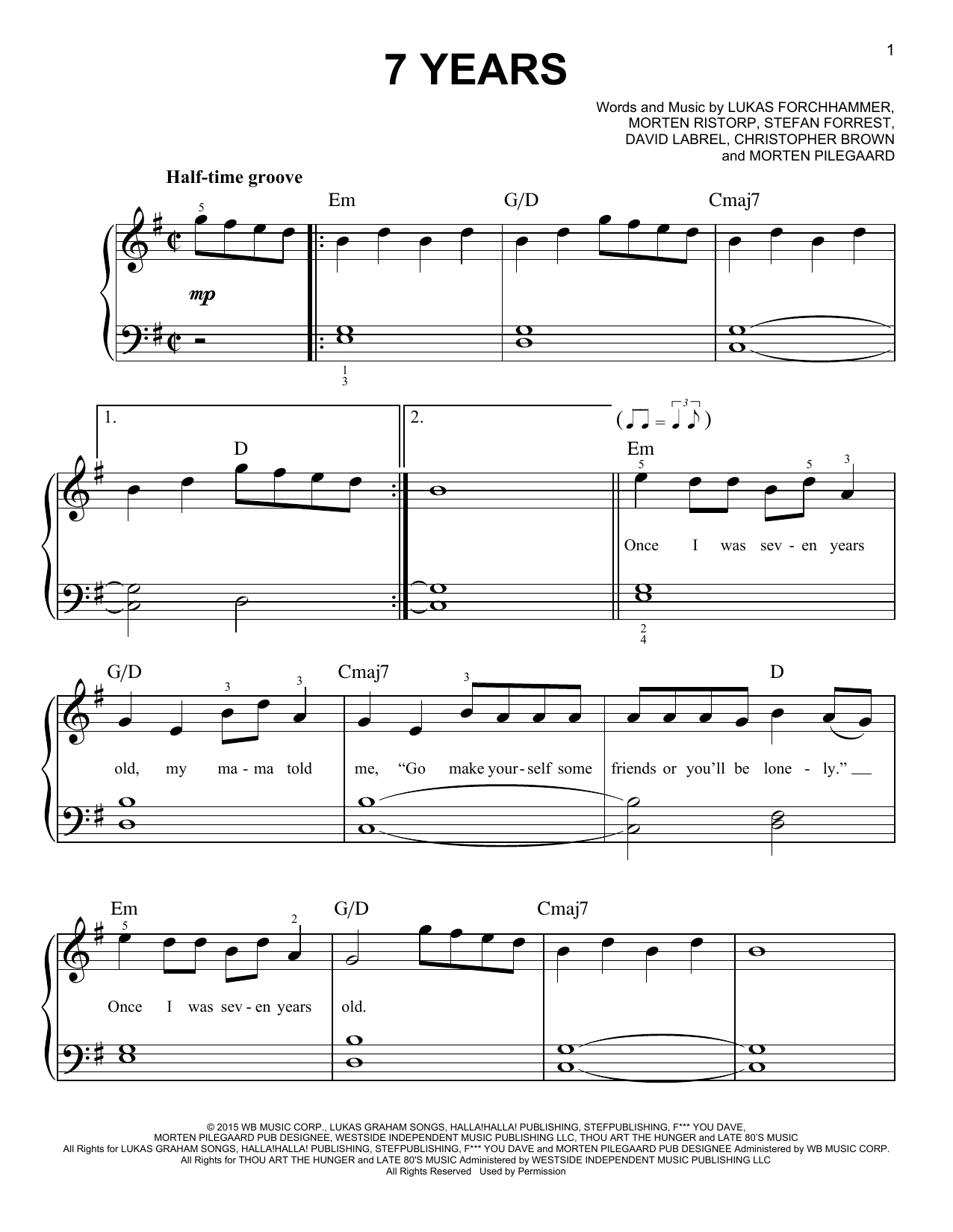 Preview Lukas Graham 7 Years Pop sheet music, notes and chords for Easy Piano, SKU: 172234 sheet music, piano notes, chords, guitar tabs, score, transpose, transcribe, how to play, guide, download, learn, tutorial, progression, song, artist, awards, billboard, mtv, vh1, tour, single, album, release