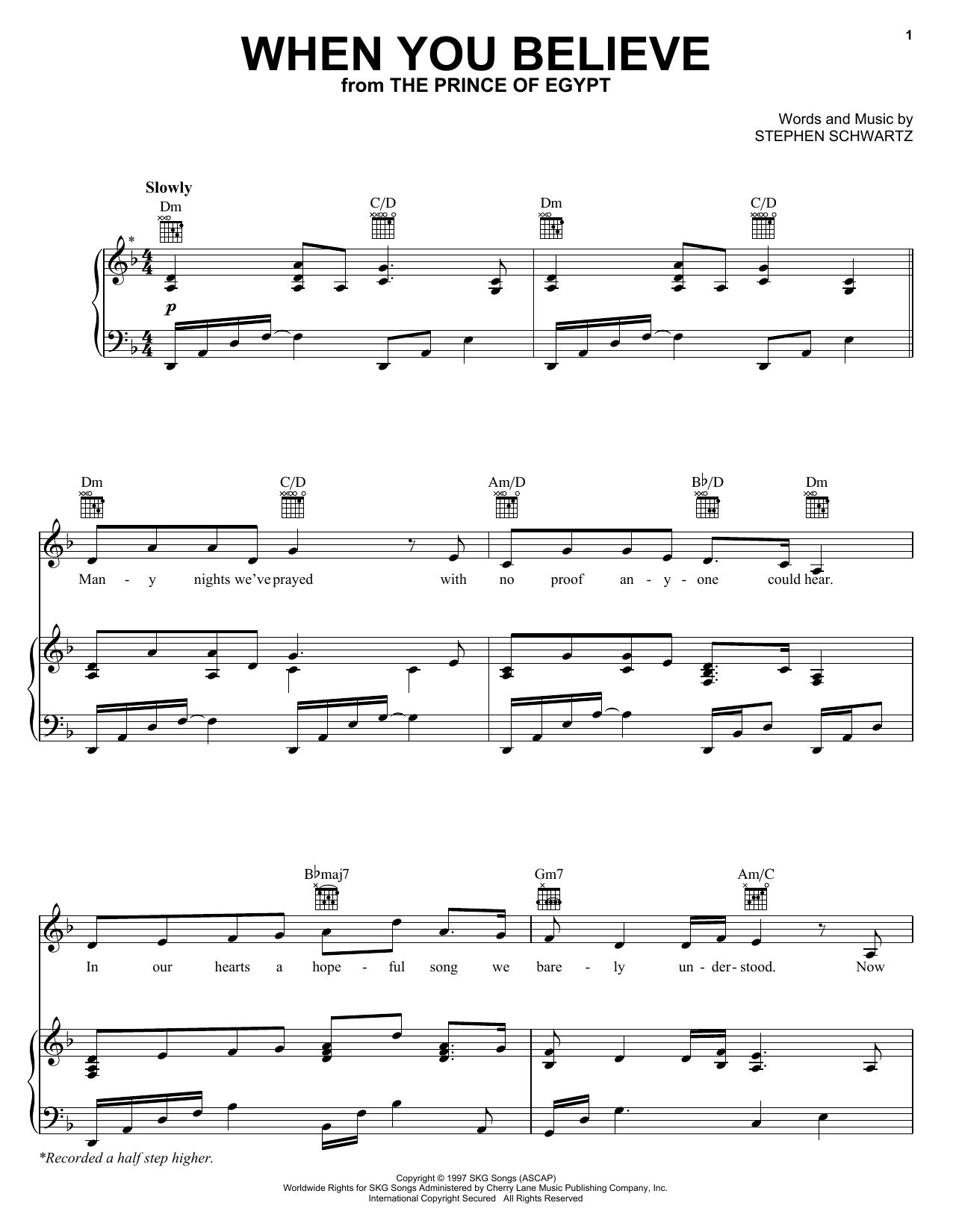 Preview Whitney Houston and Mariah Carey When You Believe Pop sheet music, notes and chords for Piano, Vocal & Guitar (Right-Hand Melody), SKU: 172319 sheet music, piano notes, chords, guitar tabs, score, transpose, transcribe, how to play, guide, download, learn, tutorial, progression, song, artist, awards, billboard, mtv, vh1, tour, single, album, release
