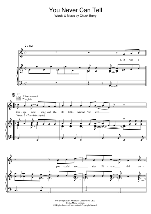 Preview Chuck Berry You Never Can Tell (from Pulp Fiction) Film and TV sheet music, notes and chords for Piano, Vocal & Guitar (Right-Hand Melody), SKU: 17250 sheet music, piano notes, chords, guitar tabs, score, transpose, transcribe, how to play, guide, download, learn, tutorial, progression, song, artist, awards, billboard, mtv, vh1, tour, single, album, release