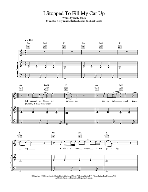 Preview Stereophonics I Stopped To Fill My Car Up Rock sheet music, notes and chords for Piano, Vocal & Guitar, SKU: 17262 sheet music, piano notes, chords, guitar tabs, score, transpose, transcribe, how to play, guide, download, learn, tutorial, progression, song, artist, awards, billboard, mtv, vh1, tour, single, album, release