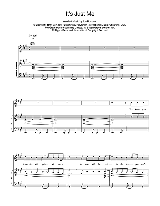 Preview Jon Bon Jovi It's Just Me Rock sheet music, notes and chords for Piano, Vocal & Guitar (Right-Hand Melody), SKU: 17280 sheet music, piano notes, chords, guitar tabs, score, transpose, transcribe, how to play, guide, download, learn, tutorial, progression, song, artist, awards, billboard, mtv, vh1, tour, single, album, release