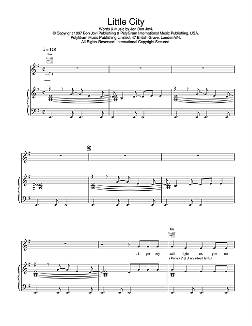 Preview Jon Bon Jovi Little City Rock sheet music, notes and chords for Piano, Vocal & Guitar (Right-Hand Melody), SKU: 17283 sheet music, piano notes, chords, guitar tabs, score, transpose, transcribe, how to play, guide, download, learn, tutorial, progression, song, artist, awards, billboard, mtv, vh1, tour, single, album, release