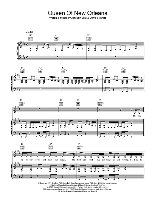 Preview Jon Bon Jovi Queen Of New Orleans Rock sheet music, notes and chords for Piano, Vocal & Guitar, SKU: 17286 sheet music, piano notes, chords, guitar tabs, score, transpose, transcribe, how to play, guide, download, learn, tutorial, progression, song, artist, awards, billboard, mtv, vh1, tour, single, album, release