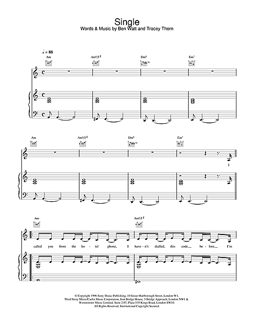 Preview Everything But The Girl Single Pop sheet music, notes and chords for Piano, Vocal & Guitar (Right-Hand Melody), SKU: 17299 sheet music, piano notes, chords, guitar tabs, score, transpose, transcribe, how to play, guide, download, learn, tutorial, progression, song, artist, awards, billboard, mtv, vh1, tour, single, album, release