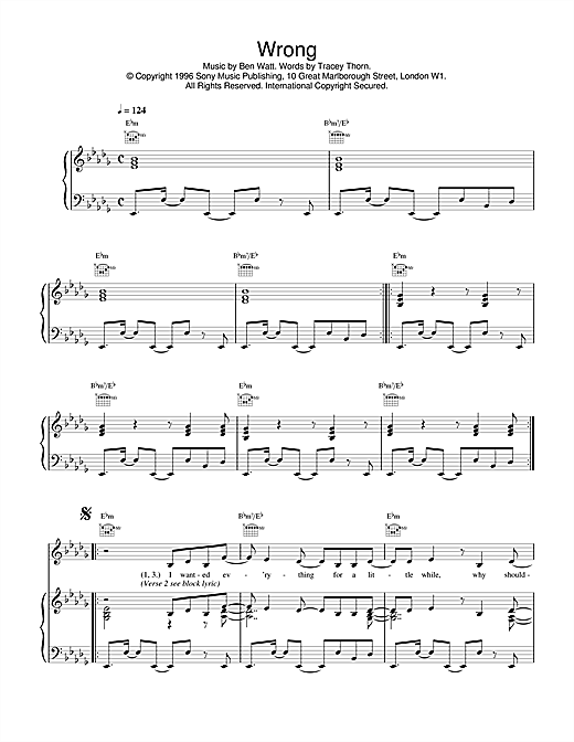 Preview Everything But The Girl Wrong Pop sheet music, notes and chords for Piano, Vocal & Guitar (Right-Hand Melody), SKU: 17301 sheet music, piano notes, chords, guitar tabs, score, transpose, transcribe, how to play, guide, download, learn, tutorial, progression, song, artist, awards, billboard, mtv, vh1, tour, single, album, release