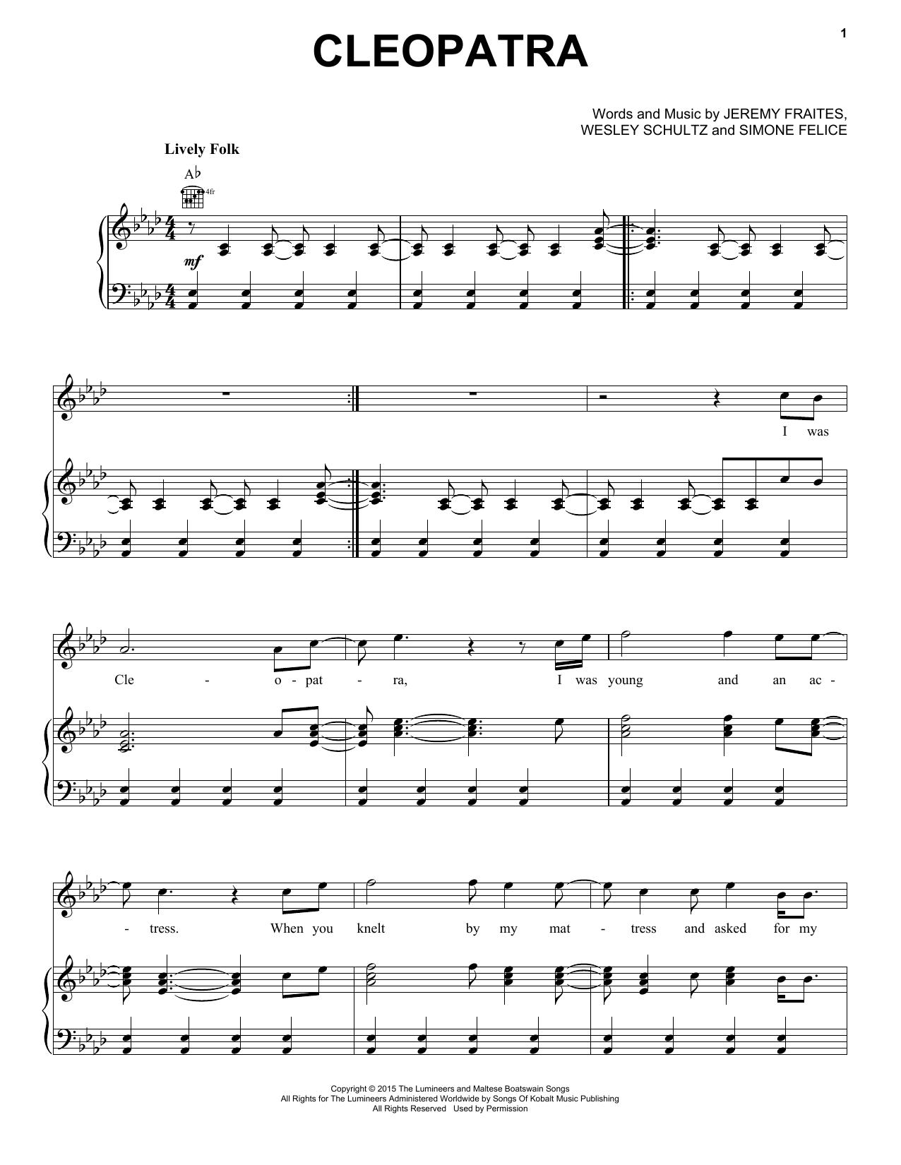 Preview The Lumineers Cleopatra Country sheet music, notes and chords for Piano, Vocal & Guitar (Right-Hand Melody), SKU: 173121 sheet music, piano notes, chords, guitar tabs, score, transpose, transcribe, how to play, guide, download, learn, tutorial, progression, song, artist, awards, billboard, mtv, vh1, tour, single, album, release