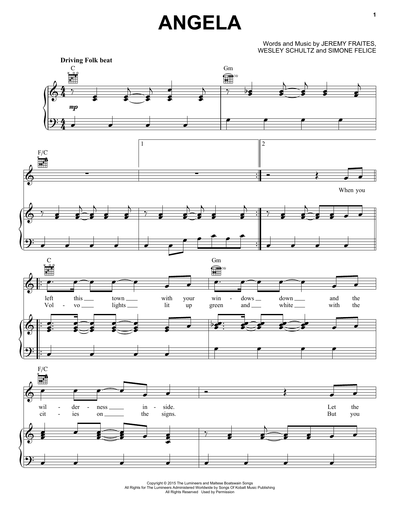 Preview The Lumineers Angela Country sheet music, notes and chords for Piano, Vocal & Guitar (Right-Hand Melody), SKU: 173122 sheet music, piano notes, chords, guitar tabs, score, transpose, transcribe, how to play, guide, download, learn, tutorial, progression, song, artist, awards, billboard, mtv, vh1, tour, single, album, release