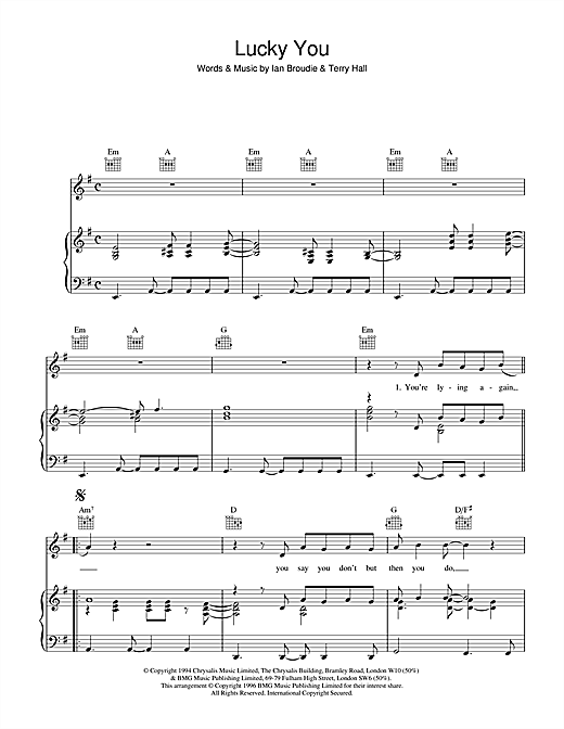 Preview The Lightning Seeds Lucky You Rock sheet music, notes and chords for Piano, Vocal & Guitar (Right-Hand Melody), SKU: 17314 sheet music, piano notes, chords, guitar tabs, score, transpose, transcribe, how to play, guide, download, learn, tutorial, progression, song, artist, awards, billboard, mtv, vh1, tour, single, album, release