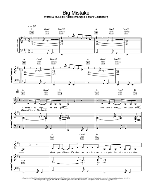 Preview Natalie Imbruglia Big Mistake Rock sheet music, notes and chords for Piano, Vocal & Guitar, SKU: 17329 sheet music, piano notes, chords, guitar tabs, score, transpose, transcribe, how to play, guide, download, learn, tutorial, progression, song, artist, awards, billboard, mtv, vh1, tour, single, album, release