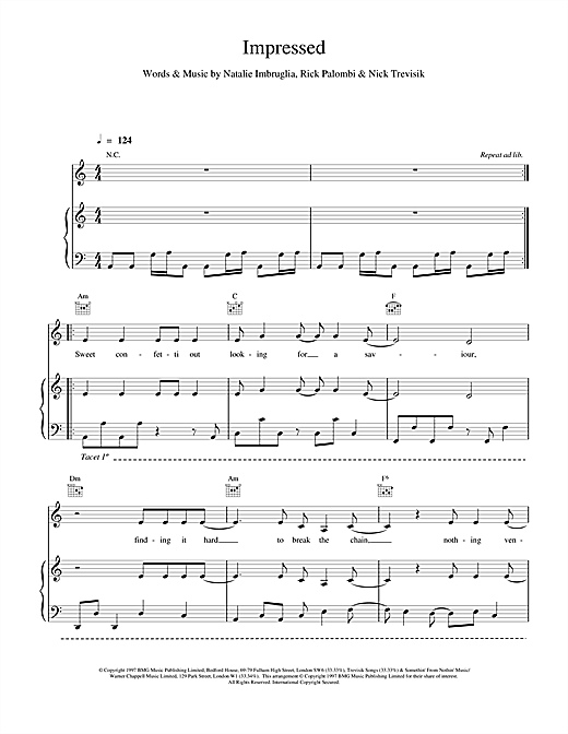 Preview Natalie Imbruglia Impressed Rock sheet music, notes and chords for Piano, Vocal & Guitar (Right-Hand Melody), SKU: 17332 sheet music, piano notes, chords, guitar tabs, score, transpose, transcribe, how to play, guide, download, learn, tutorial, progression, song, artist, awards, billboard, mtv, vh1, tour, single, album, release