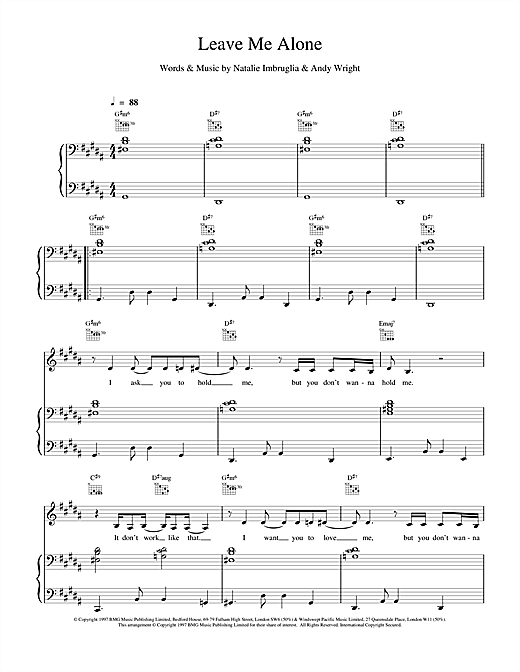 Preview Natalie Imbruglia Leave Me Alone Rock sheet music, notes and chords for Piano, Vocal & Guitar, SKU: 17334 sheet music, piano notes, chords, guitar tabs, score, transpose, transcribe, how to play, guide, download, learn, tutorial, progression, song, artist, awards, billboard, mtv, vh1, tour, single, album, release