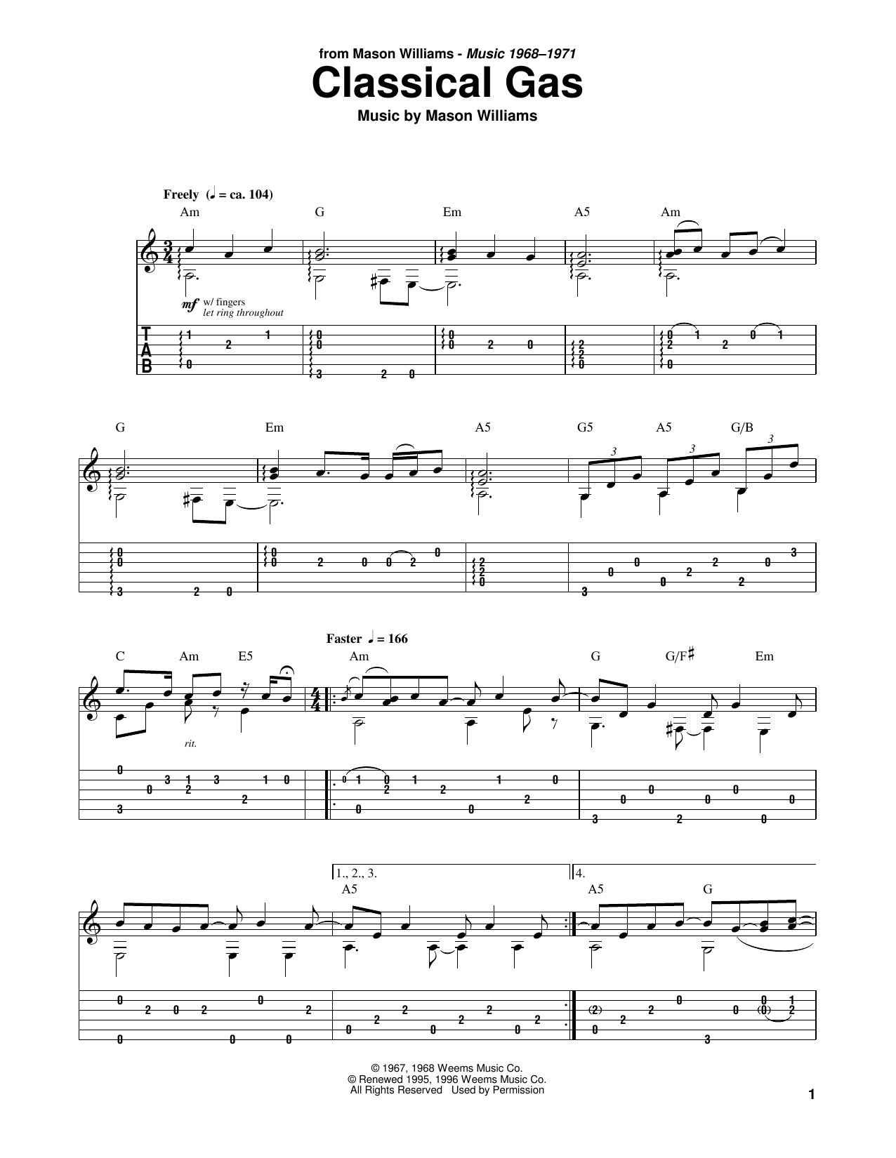 Preview Mason Williams Classical Gas Classical sheet music, notes and chords for Guitar Tab, SKU: 173397 sheet music, piano notes, chords, guitar tabs, score, transpose, transcribe, how to play, guide, download, learn, tutorial, progression, song, artist, awards, billboard, mtv, vh1, tour, single, album, release