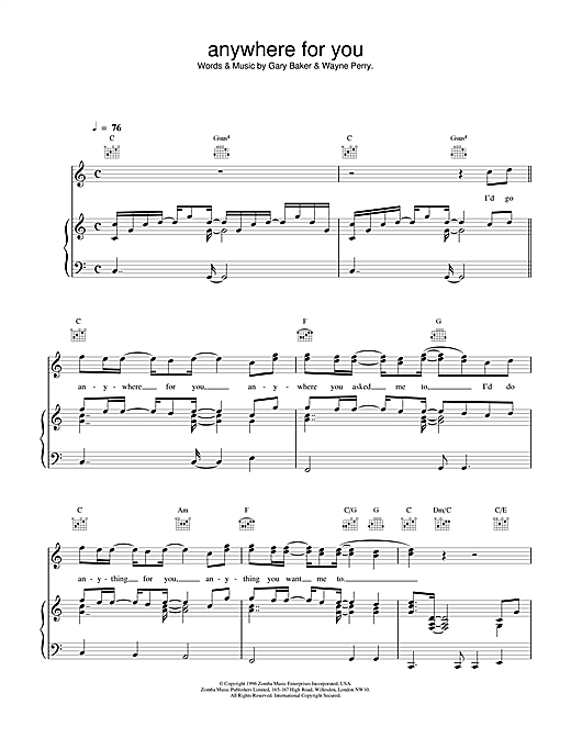 Preview Backstreet Boys Anywhere For You Pop sheet music, notes and chords for Piano, Vocal & Guitar (Right-Hand Melody), SKU: 17340 sheet music, piano notes, chords, guitar tabs, score, transpose, transcribe, how to play, guide, download, learn, tutorial, progression, song, artist, awards, billboard, mtv, vh1, tour, single, album, release