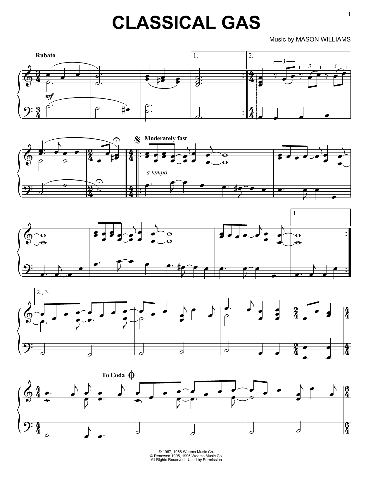 Preview Mason Williams Classical Gas Classical sheet music, notes and chords for Piano, SKU: 173411 sheet music, piano notes, chords, guitar tabs, score, transpose, transcribe, how to play, guide, download, learn, tutorial, progression, song, artist, awards, billboard, mtv, vh1, tour, single, album, release