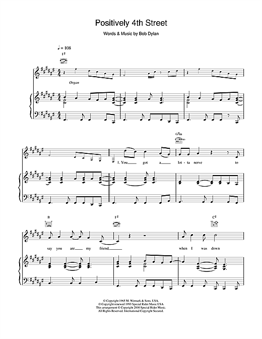 Preview Bob Dylan Positively 4th Street Rock sheet music, notes and chords for Piano, Vocal & Guitar, SKU: 17353 sheet music, piano notes, chords, guitar tabs, score, transpose, transcribe, how to play, guide, download, learn, tutorial, progression, song, artist, awards, billboard, mtv, vh1, tour, single, album, release