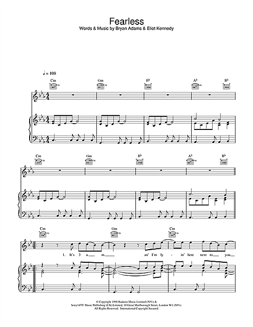 Preview Bryan Adams Fearless Rock sheet music, notes and chords for Piano, Vocal & Guitar (Right-Hand Melody), SKU: 17359 sheet music, piano notes, chords, guitar tabs, score, transpose, transcribe, how to play, guide, download, learn, tutorial, progression, song, artist, awards, billboard, mtv, vh1, tour, single, album, release