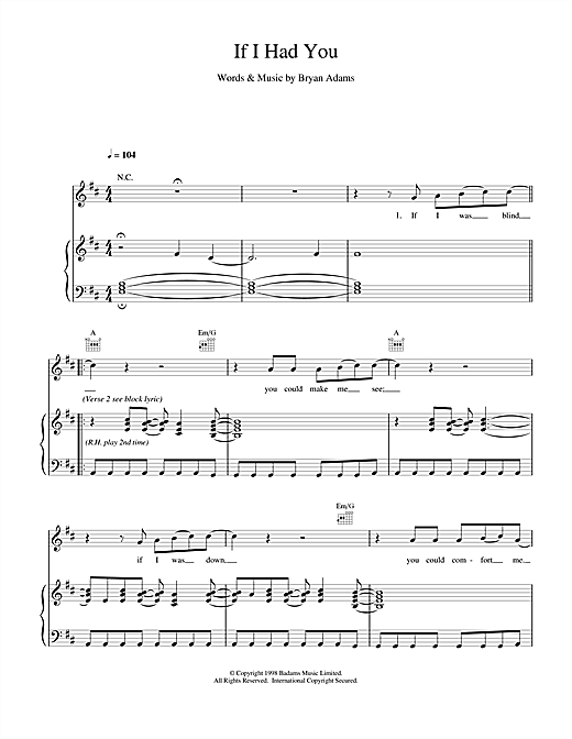 Preview Bryan Adams If I Had You Rock sheet music, notes and chords for Piano, Vocal & Guitar, SKU: 17363 sheet music, piano notes, chords, guitar tabs, score, transpose, transcribe, how to play, guide, download, learn, tutorial, progression, song, artist, awards, billboard, mtv, vh1, tour, single, album, release