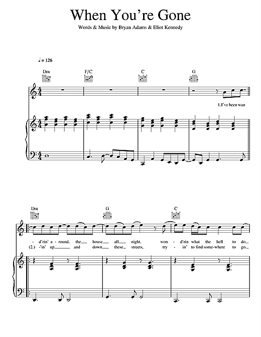 Preview Bryan Adams and Melanie C When You're Gone Rock sheet music, notes and chords for Piano, Vocal & Guitar, SKU: 17364 sheet music, piano notes, chords, guitar tabs, score, transpose, transcribe, how to play, guide, download, learn, tutorial, progression, song, artist, awards, billboard, mtv, vh1, tour, single, album, release