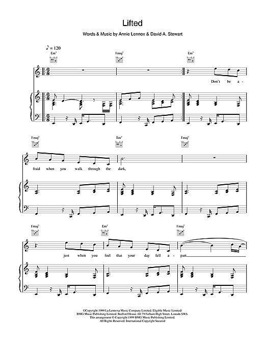 Preview Eurythmics Lifted Rock sheet music, notes and chords for Piano, Vocal & Guitar, SKU: 17372 sheet music, piano notes, chords, guitar tabs, score, transpose, transcribe, how to play, guide, download, learn, tutorial, progression, song, artist, awards, billboard, mtv, vh1, tour, single, album, release