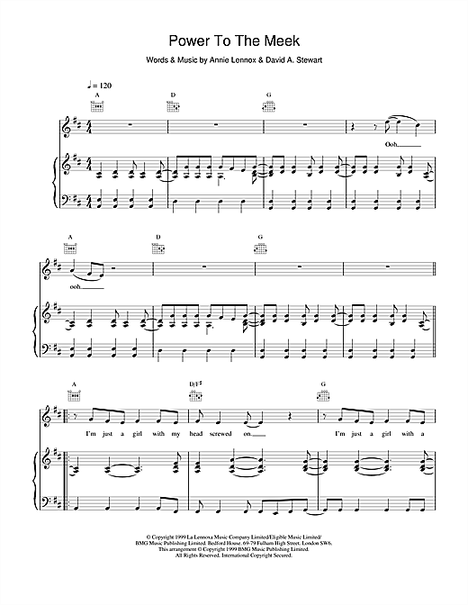 Preview Eurythmics Power To The Meek Rock sheet music, notes and chords for Piano, Vocal & Guitar, SKU: 17375 sheet music, piano notes, chords, guitar tabs, score, transpose, transcribe, how to play, guide, download, learn, tutorial, progression, song, artist, awards, billboard, mtv, vh1, tour, single, album, release