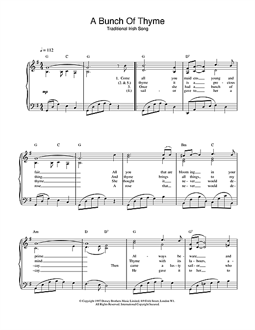 Preview Irish Folksong A Bunch Of Thyme World sheet music, notes and chords for Piano, Vocal & Guitar (Right-Hand Melody), SKU: 17376 sheet music, piano notes, chords, guitar tabs, score, transpose, transcribe, how to play, guide, download, learn, tutorial, progression, song, artist, awards, billboard, mtv, vh1, tour, single, album, release