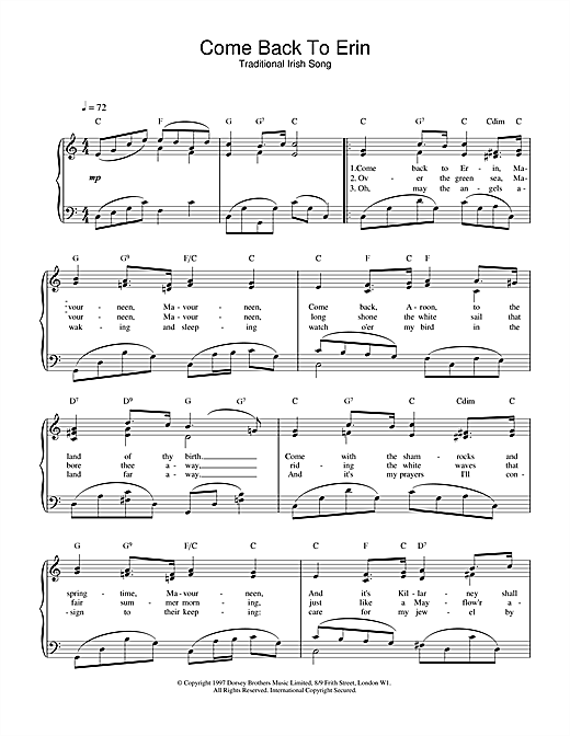 Preview Traditional Irish Song Come Back To Erin Folk sheet music, notes and chords for Piano, Vocal & Guitar (Right-Hand Melody), SKU: 17378 sheet music, piano notes, chords, guitar tabs, score, transpose, transcribe, how to play, guide, download, learn, tutorial, progression, song, artist, awards, billboard, mtv, vh1, tour, single, album, release