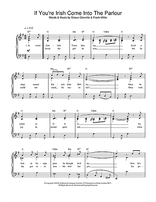 Preview Shaun Glenville If You're Irish Come Into The Parlour Folk sheet music, notes and chords for Piano, Vocal & Guitar (Right-Hand Melody), SKU: 17380 sheet music, piano notes, chords, guitar tabs, score, transpose, transcribe, how to play, guide, download, learn, tutorial, progression, song, artist, awards, billboard, mtv, vh1, tour, single, album, release